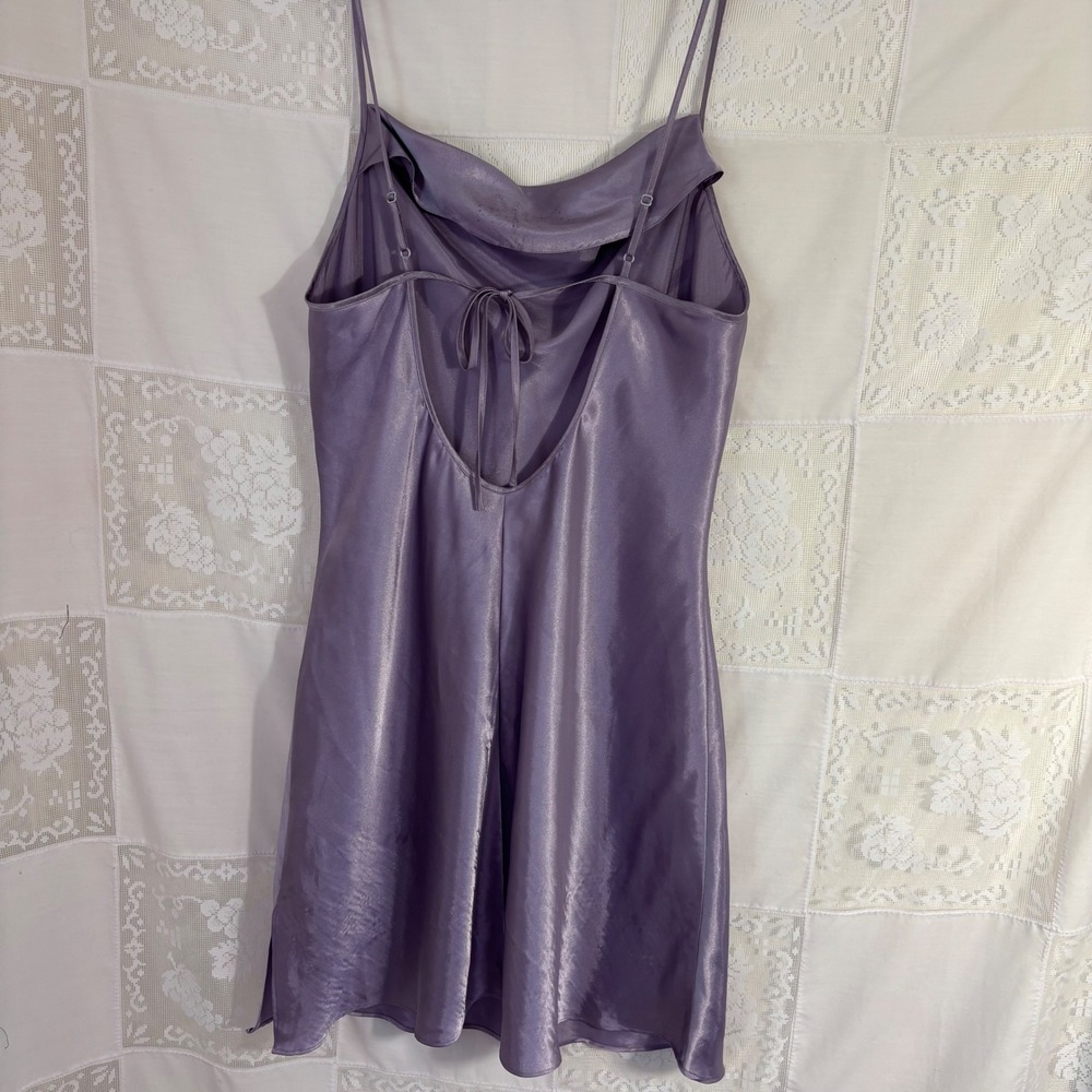 Lavender Purple Satin Cowl Neck Slinky Whimsy Mini Slip Dress Size M-L - Picture 10 of 12